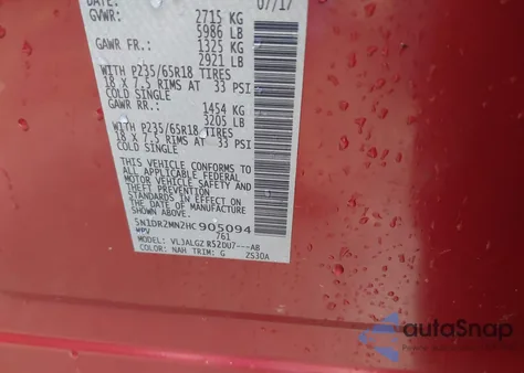 2017 Nissan Pathfinder S/Sv/Sl/Platinum from USA, damaged, VIN 5N1DR2MN2HC905094